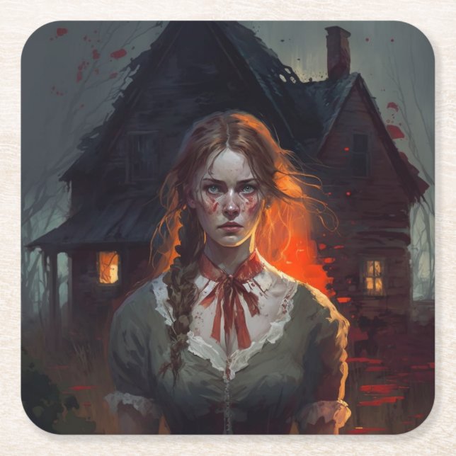 Haunting house square paper coaster (Front)