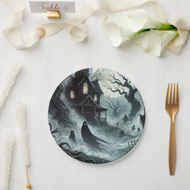 Haunting Night Scary Haunted House Halloween Party Paper Plate (Wedding)