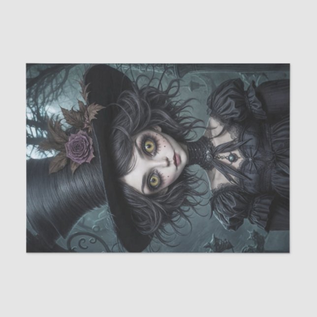 Haunting Yellow-Eyed Scarecrow Girl Decoupage  Tissue Paper (Front)