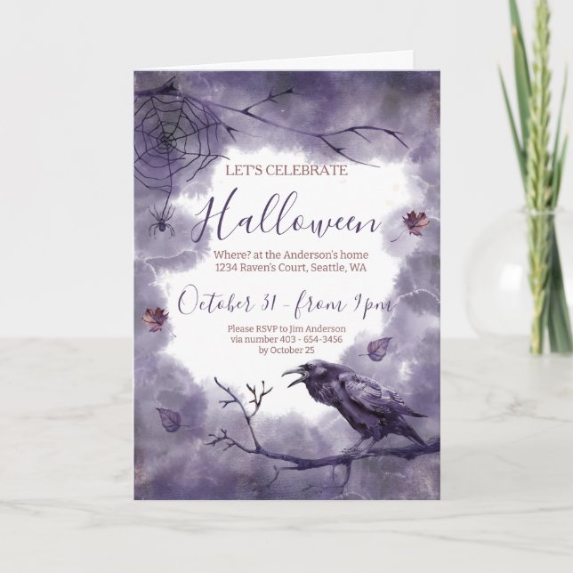 Hauntingly Beautiful Purple Raven Halloween Party Invitation (Front)