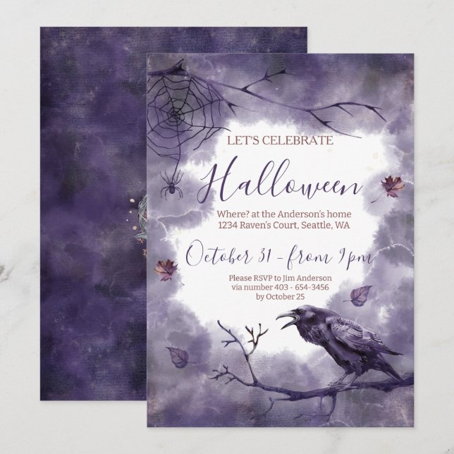 Hauntingly Beautiful Purple Raven Halloween Party Invitation (Front/Back)