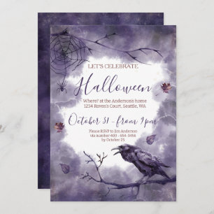 Hauntingly Beautiful Purple Raven Halloween Party Invitation