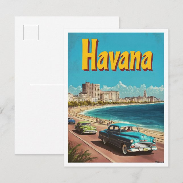 Havana Cuba Art Vintage Travel Illustration Postcard (Front/Back)