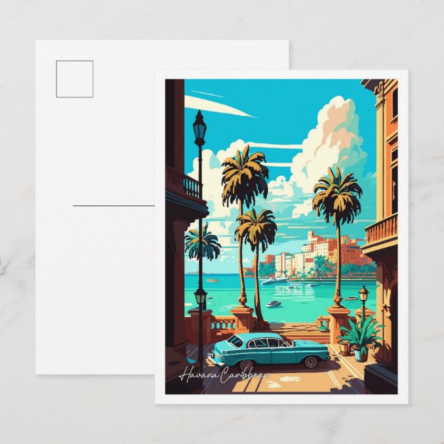 Havana Cuba Art Vintage Travel illustration Postcard (Front/Back)