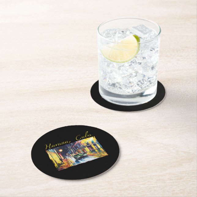 Havana Cuba - Habana Vieja Night Scene Round Paper Coaster (Insitu)
