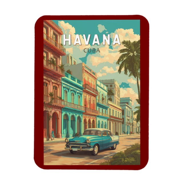 Havana Cuba Illustration Travel Art Vintage Magnet (Vertical)