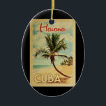 Havana Cuba Palm Tree Vintage Travel Ceramic Tree Decoration<br><div class="desc">A uniquely retro mid-century modern Havana Cuba art print in vintage travel poster style. It features a curved palm tree on sandy beach with ocean under a blue cloudy sky.</div>