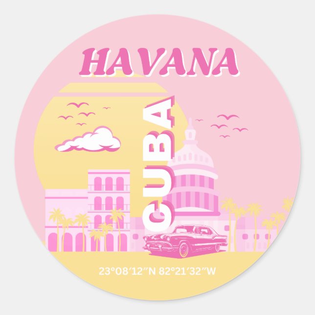 Havana Cuba Pink Preppy Art Classic Round Sticker (Front)