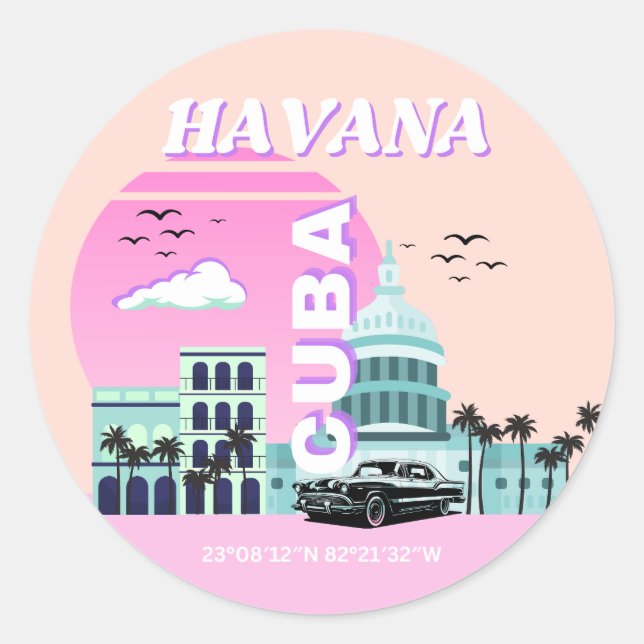 Havana Cuba Pink Travel Art Classic Round Sticker (Front)