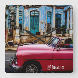 Havana Cuba Red Vintage Car Square Wall Clock