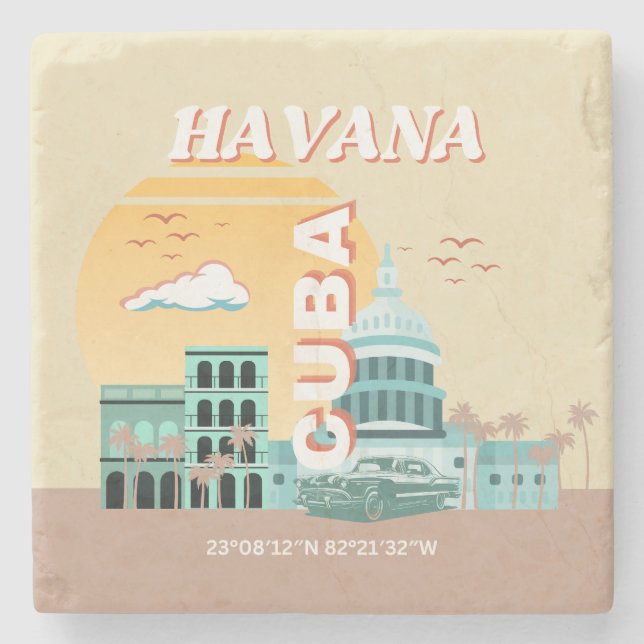 Havana Cuba Retro Travel Art Stone Coaster (Front)