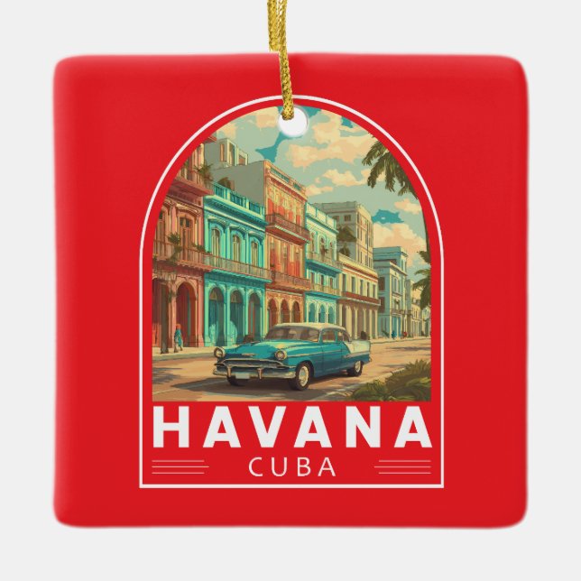 Havana Cuba Travel Art Emblem Ceramic Ornament (Front)