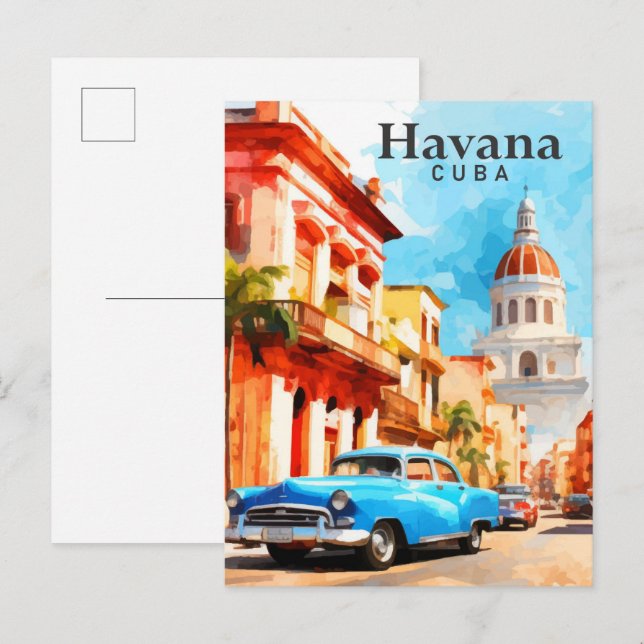Havana Cuba Watercolor Painting Travel Postcard (Front/Back)