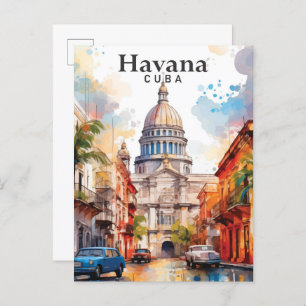 Havana Cuba Watercolor Painting Travel Postcard