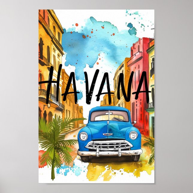 Havana Cuba Watercolor Painting Travel Poster (Front)