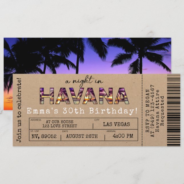 Havana Nights Tropical Airline Ticket Birthday Invitation (Front/Back)
