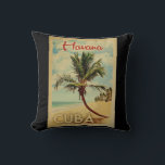 Havana Palm Tree Vintage Travel Cushion<br><div class="desc">A uniquely retro mid-century modern Havana Cuba art print in vintage travel poster style. It features a curved palm tree on sandy beach with ocean under a blue cloudy sky.</div>