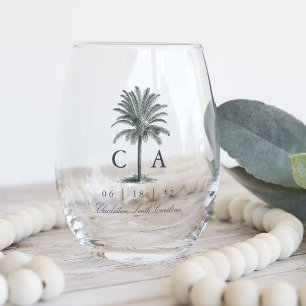 Havana Palm   Vintage Palm Tree Wedding Stemless Wine Glass