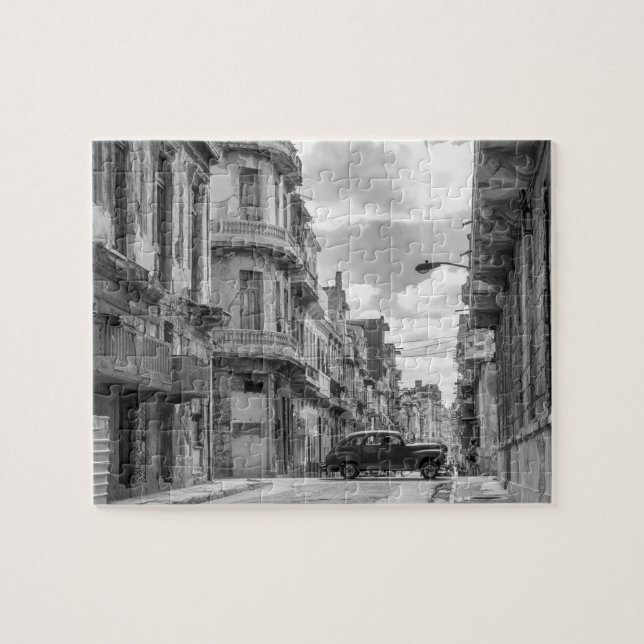 Havana Street Oldtimer Car Cuba Travel Black White Jigsaw Puzzle (Horizontal)