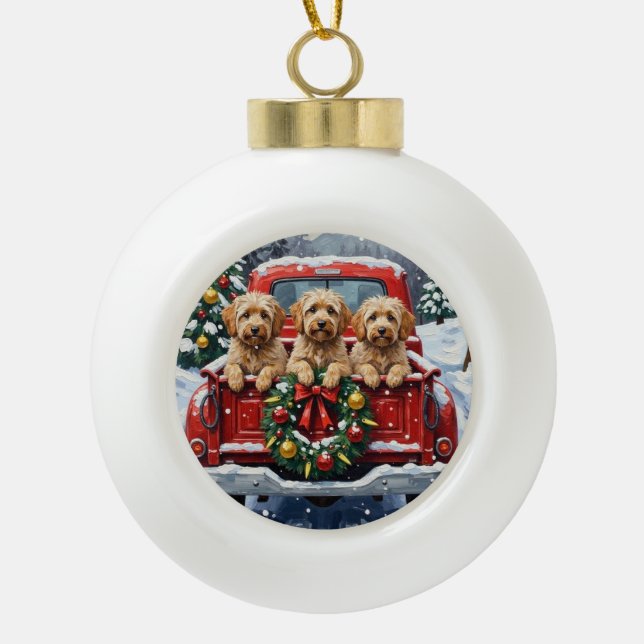 Havanese Christmas Red Truck Holiday Ceramic Ball Christmas Ornament (Front)