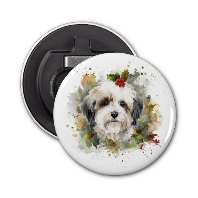 Havanese Christmas Wreath Festive Pup Bottle Opener (Front)