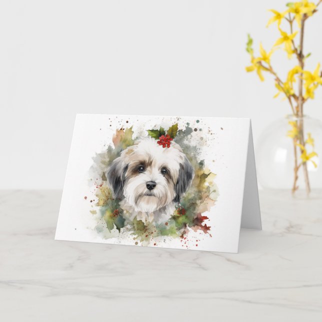 Havanese Christmas Wreath Festive Pup Card (Yellow Flower)