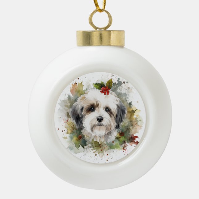 Havanese Christmas Wreath Festive Pup Ceramic Ball Christmas Ornament (Front)