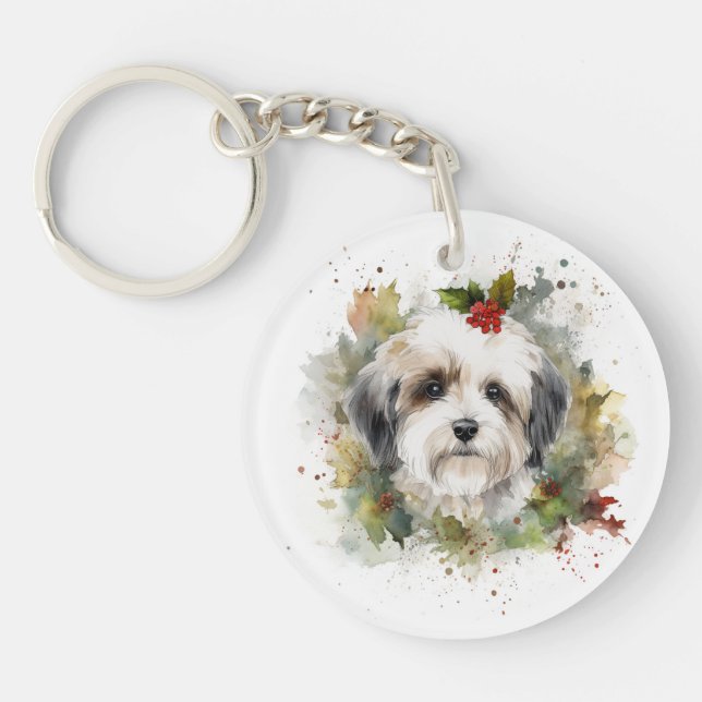 Havanese Christmas Wreath Festive Pup Key Ring (Front)