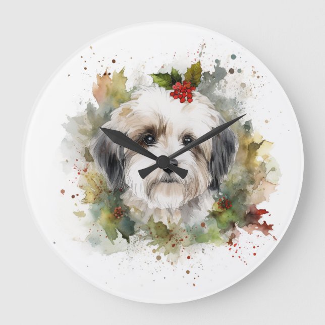 Havanese Christmas Wreath Festive Pup Large Clock (Front)