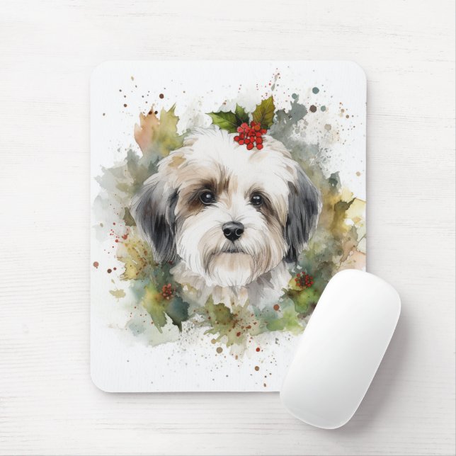 Havanese Christmas Wreath Festive Pup Mouse Mat (With Mouse)