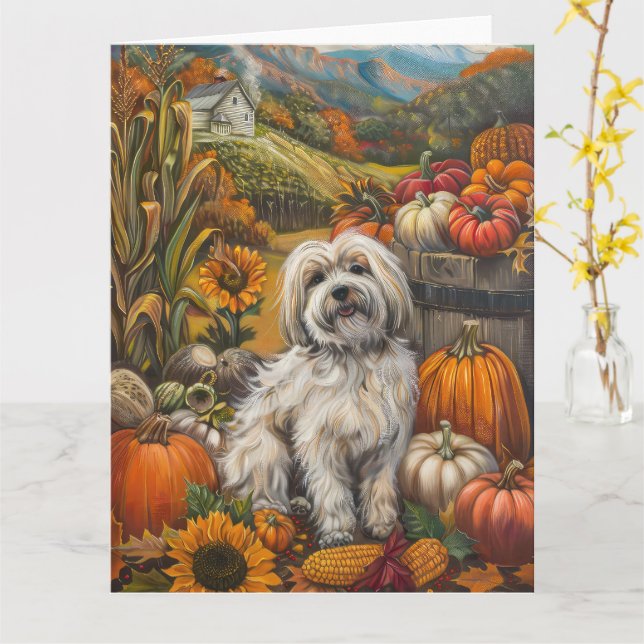 Havanese Dog Autumn Harvest Thanksgiving Card (Yellow Flower)