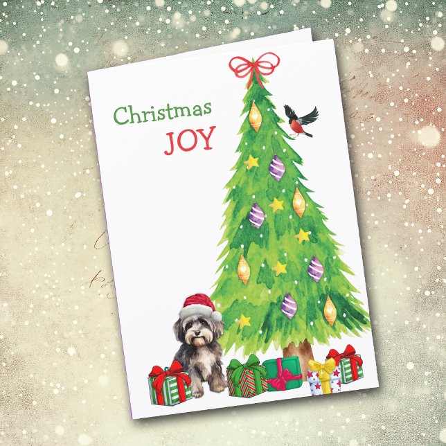 Havanese Dog, Bird and Christmas Tree Holiday Card (Creator Uploaded)