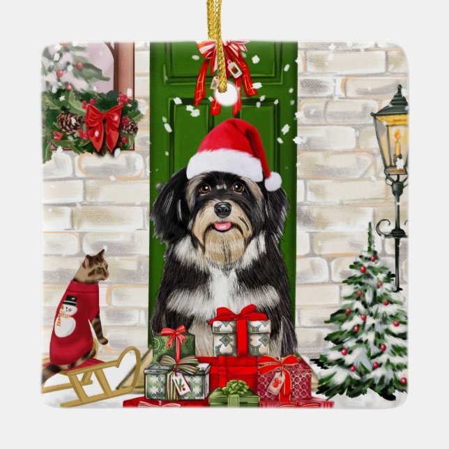 Havanese Dog Christmas Ceramic Ornament (Front)