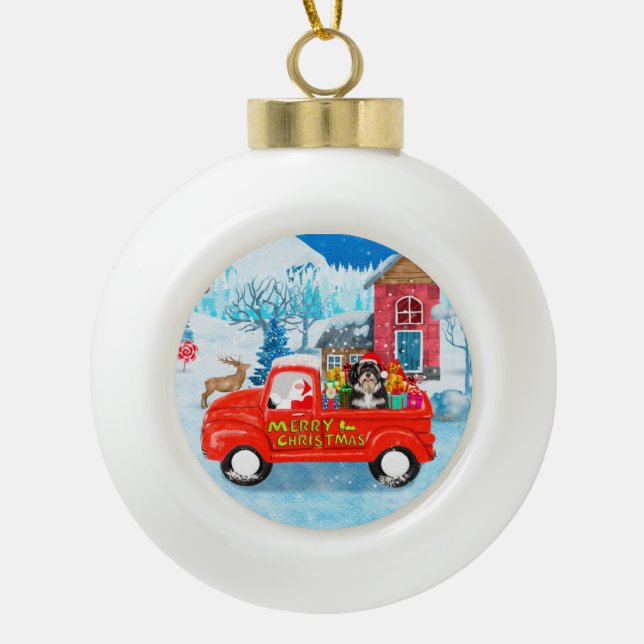 Havanese Dog Christmas Delivery Truck Snow Ceramic Ball Christmas Ornament (Front)