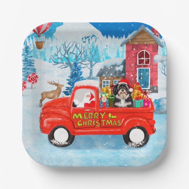 Havanese Dog Christmas Delivery Truck Snow  Paper Plate (Front)