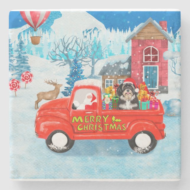 Havanese Dog Christmas Delivery Truck Snow  Stone Coaster (Front)
