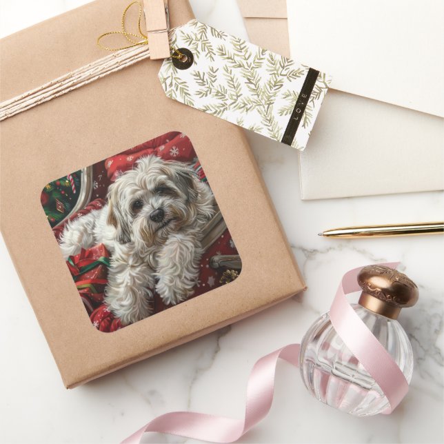Havanese Dog Christmas Festive Square Sticker (Gifting)