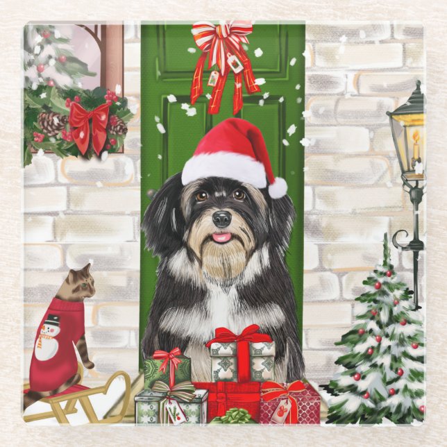 Havanese Dog Christmas   Glass Coaster (Front)