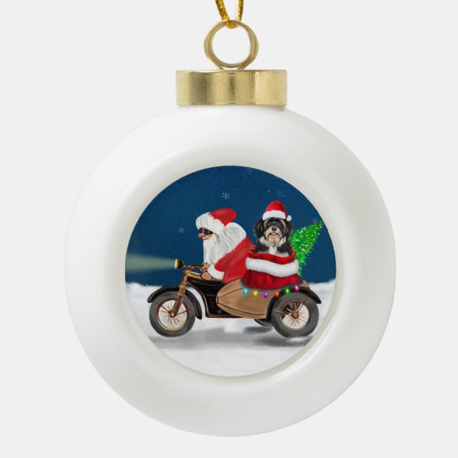 Havanese Dog Christmas Santa Claus  Ceramic Ball Christmas Ornament (Front)