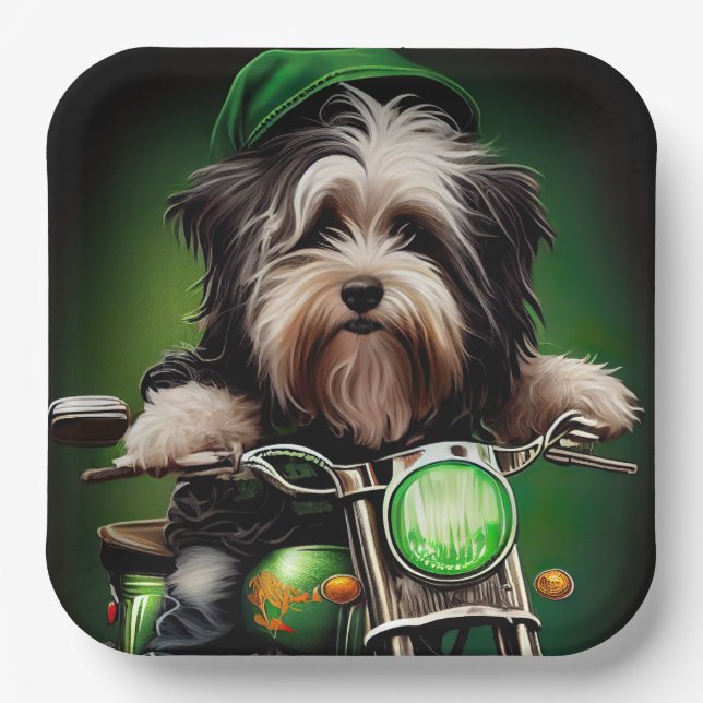 Havanese Dog Driving Bike St. Patrick's Day Paper Plate (Front)