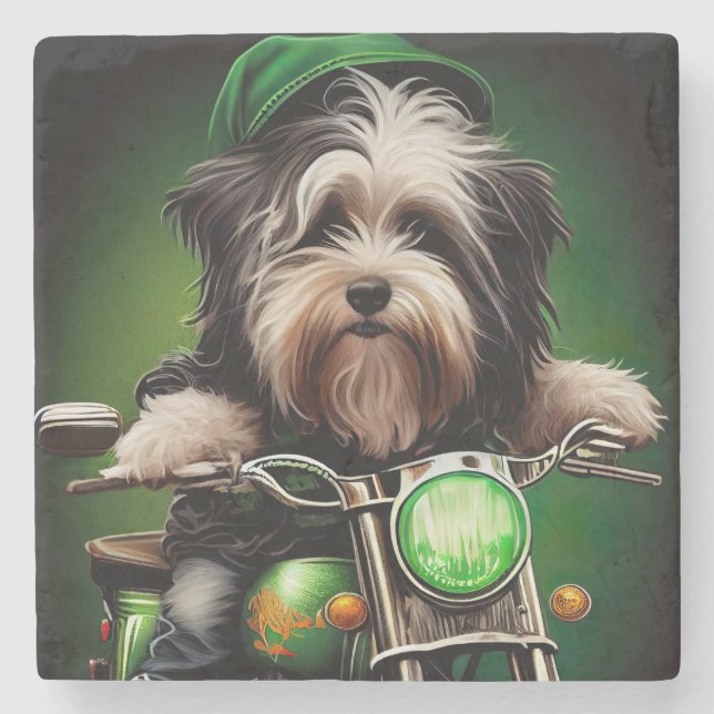 Havanese Dog Driving Bike St. Patrick's Day Stone Coaster (Front)