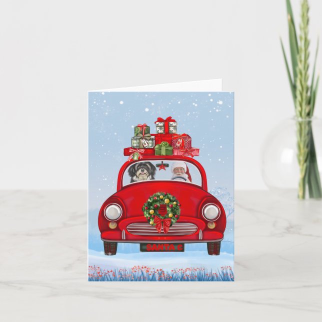 Havanese Dog In Car With Santa Claus Card (Front)