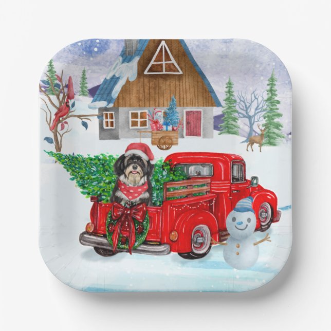 Havanese Dog In Christmas Delivery Truck Snow  Paper Plate (Front)