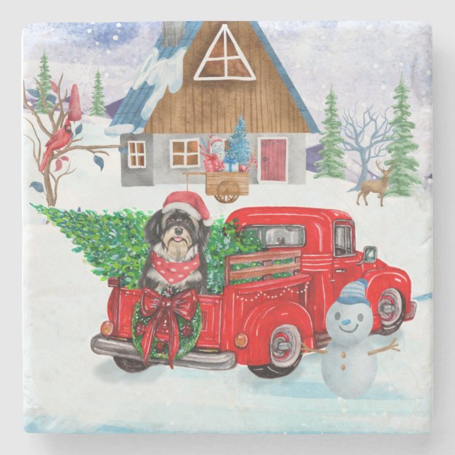 Havanese Dog In Christmas Delivery Truck Snow Stone Coaster (Front)