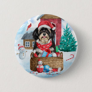 Havanese Dog In snow Christmas Dog House  6 Cm Round Badge