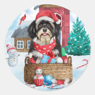 Havanese Dog In snow Christmas Dog House Classic Round Sticker