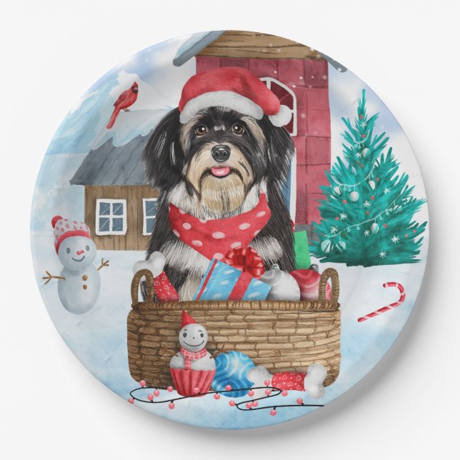 Havanese Dog In snow Christmas Dog House Paper Plate (Front)