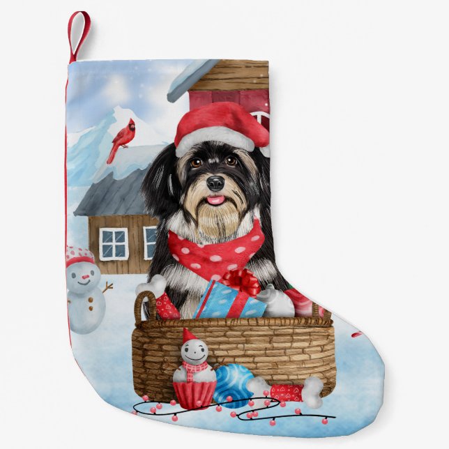 Havanese Dog In snow Christmas Dog House Small Christmas Stocking (Front)