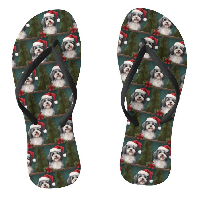 Havanese Dog in Snow Christmas Flip Flops (Footbed)