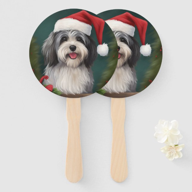 Havanese Dog in Snow Christmas Hand Fan (Front and Back)